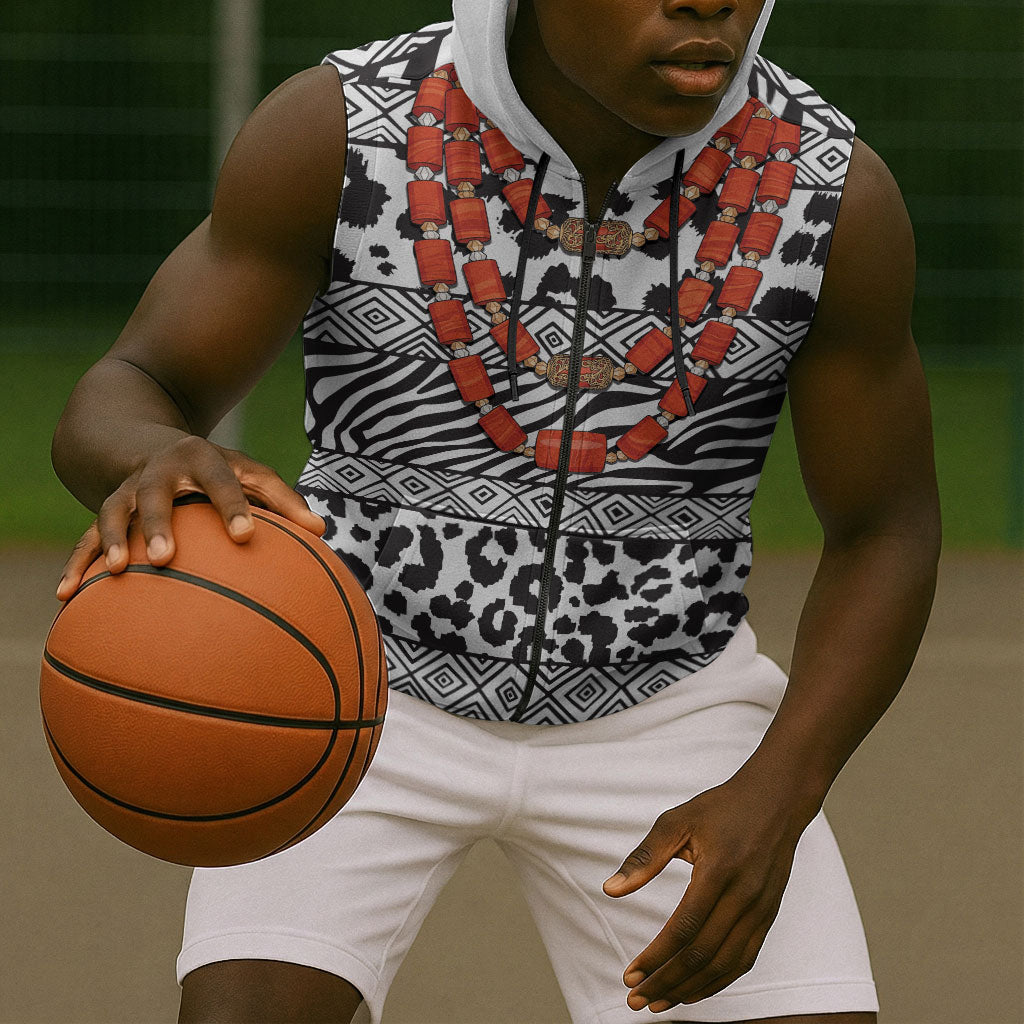 Nigeria Traditional Coral Bead Attire Sleeveless Zip Hoodie African Tribal Element Wild Animal Skins
