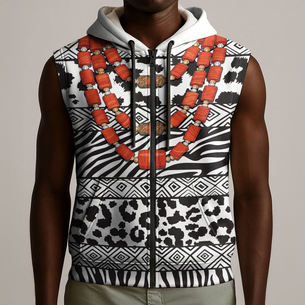 Nigeria Traditional Coral Bead Attire Sleeveless Zip Hoodie African Tribal Element Wild Animal Skins