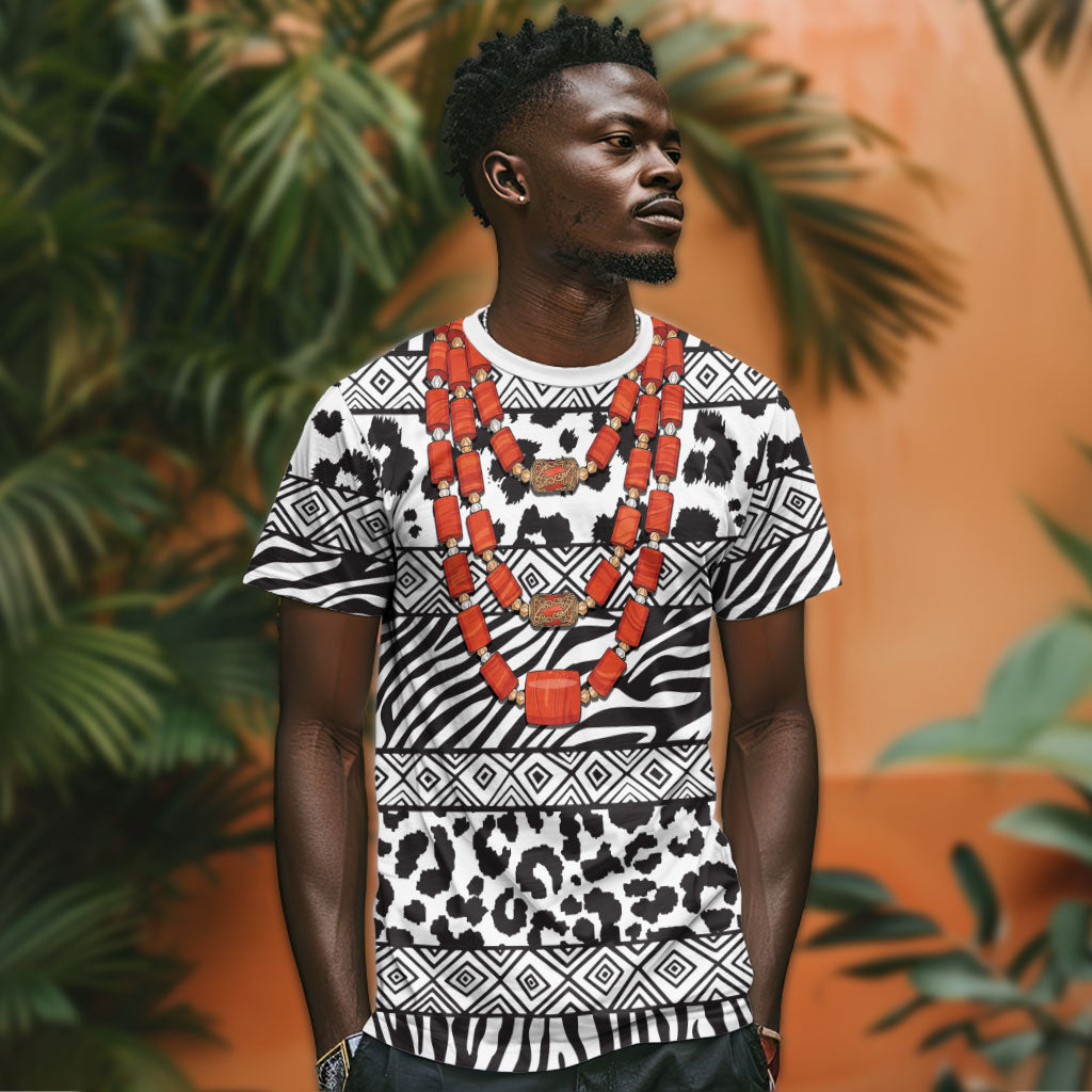 Nigeria Traditional Coral Bead Attire T shirt African Tribal Element Wild Animal Skins