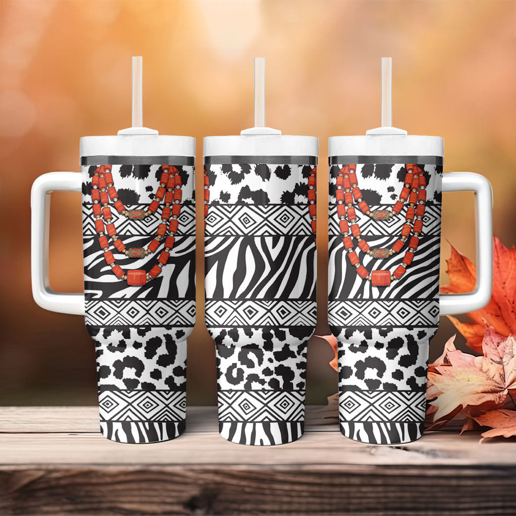 Nigeria Traditional Coral Bead Attire Tumbler With Handle African Tribal Element Wild Animal Skins