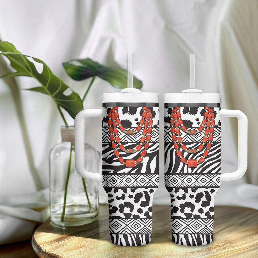 Nigeria Traditional Coral Bead Attire Tumbler With Handle African Tribal Element Wild Animal Skins