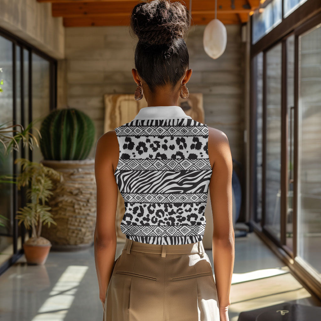 Nigeria Traditional Coral Bead Attire Women Sleeveless Polo Shirt African Tribal Element Wild Animal Skins