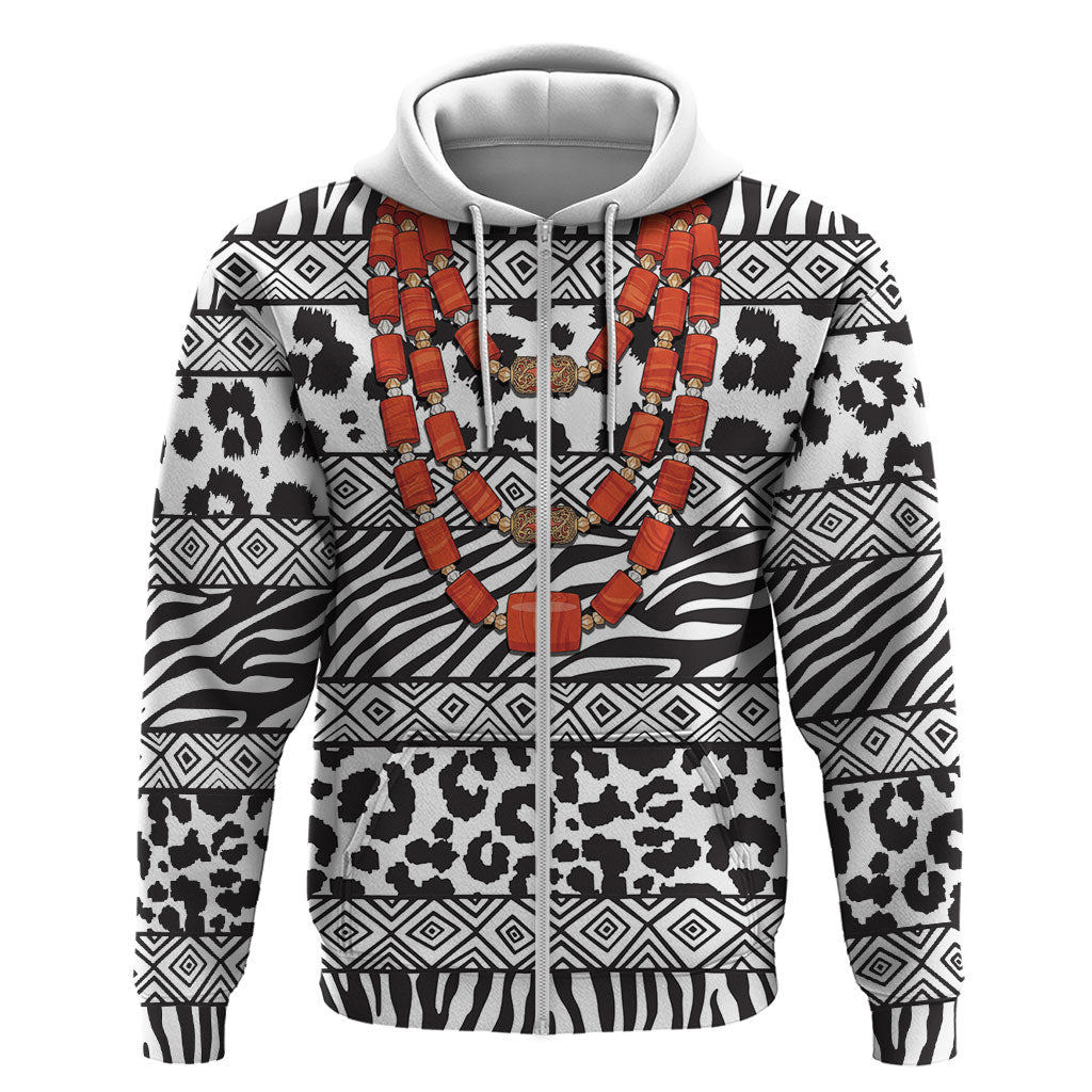 Nigeria Traditional Coral Bead Attire Zip Hoodie African Tribal Element Wild Animal Skins