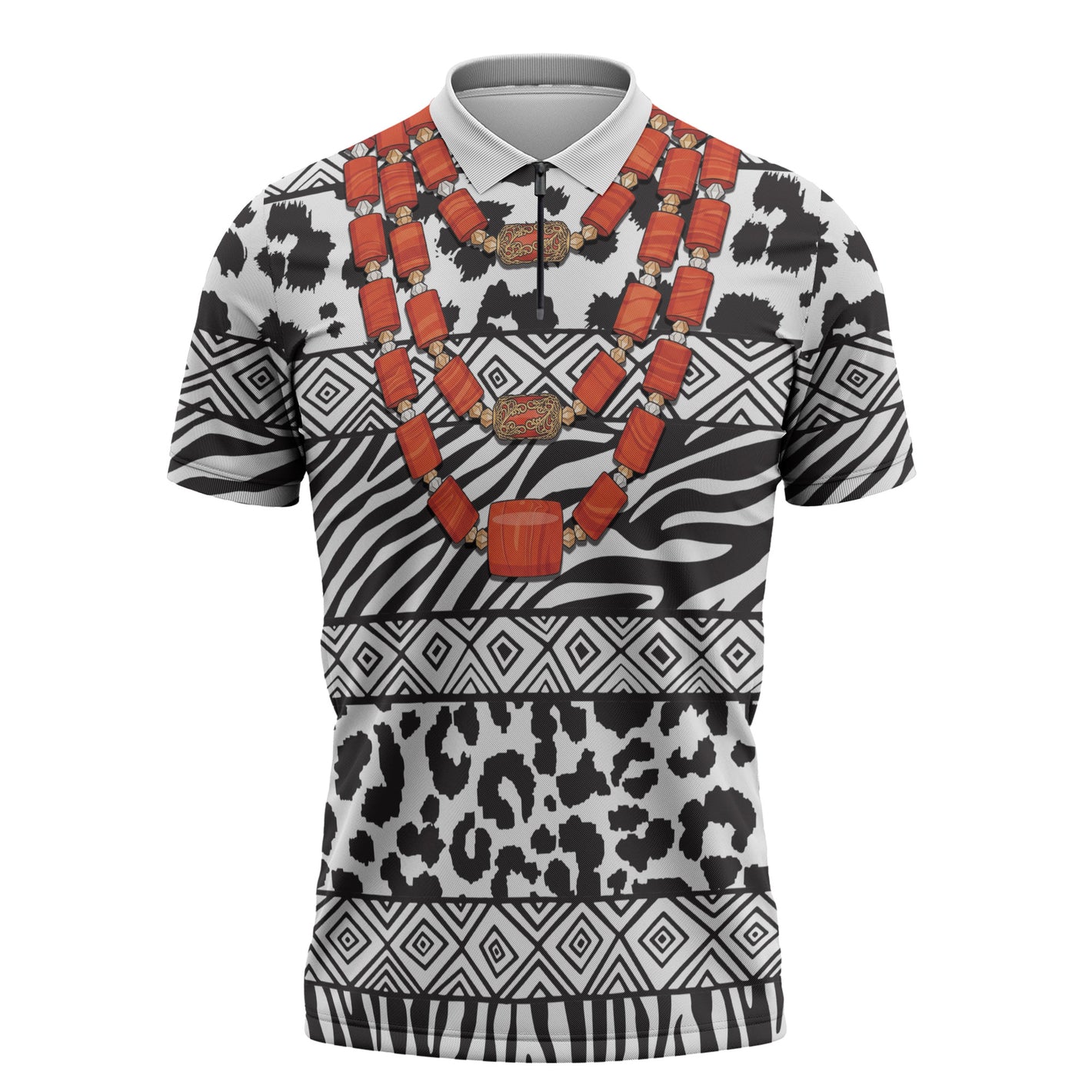 Nigeria Traditional Coral Bead Attire Zipper Polo Shirt African Tribal Element Wild Animal Skins