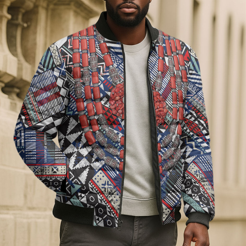 Nigeria Traditional Coral Bead Attire Bomber Puffer Jacket Tribal African Style