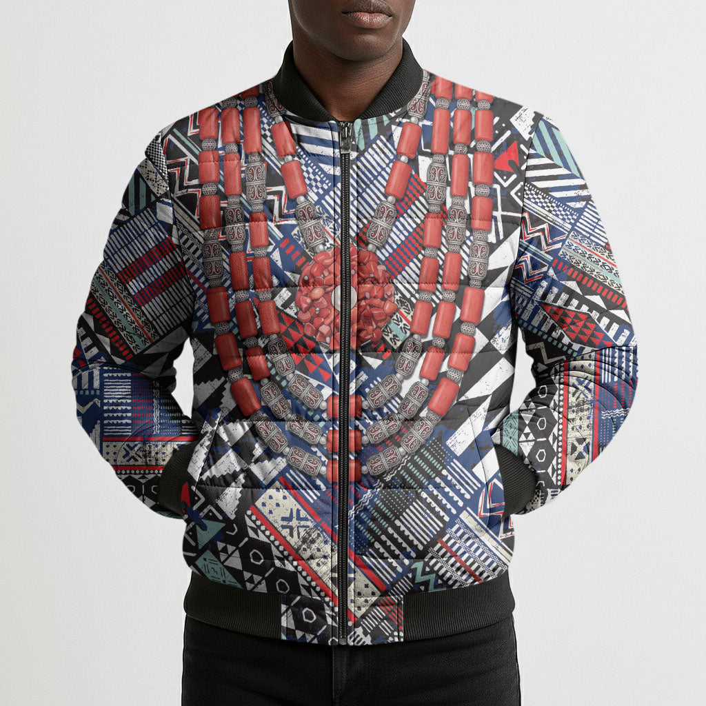 Nigeria Traditional Coral Bead Attire Bomber Puffer Jacket Tribal African Style