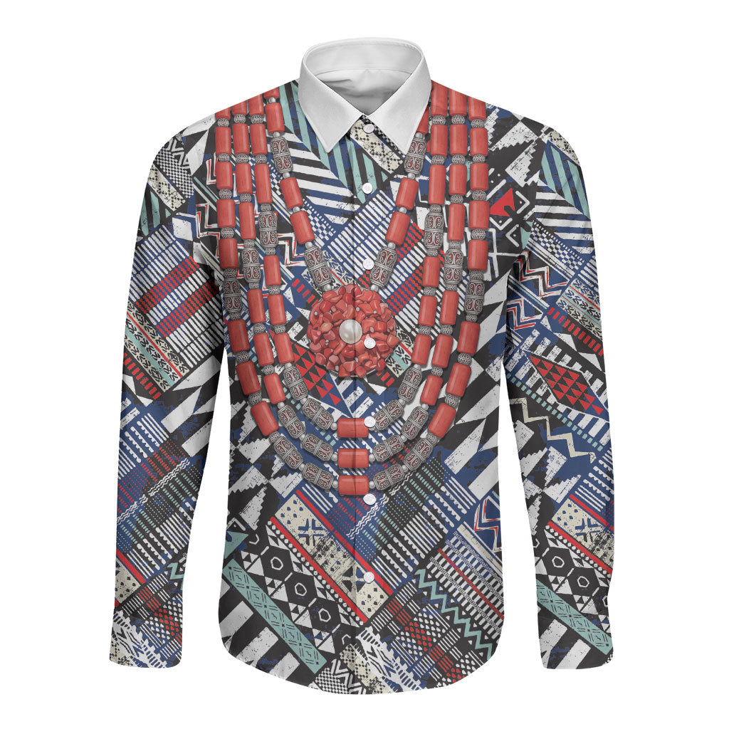Nigeria Traditional Coral Bead Attire Long Sleeve Button Shirt Tribal African Style