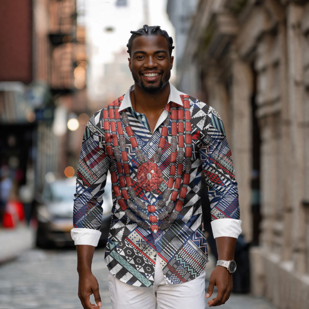 Nigeria Traditional Coral Bead Attire Long Sleeve Button Shirt Tribal African Style