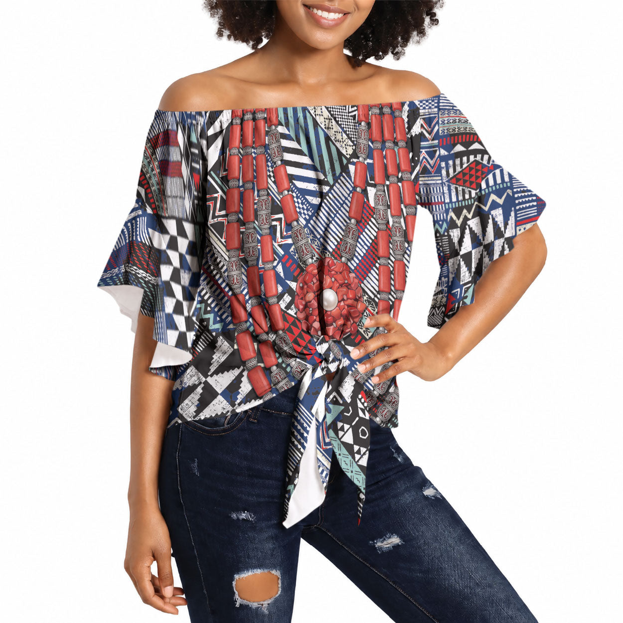 Nigeria Traditional Coral Bead Attire Off Shoulder Wrap Waist Top Tribal African Style