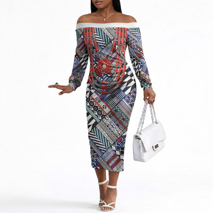 Nigeria Traditional Coral Bead Attire Off The Shoulder Long Sleeve Dress Tribal African Style