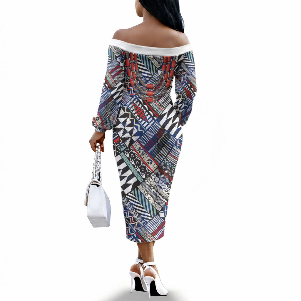Nigeria Traditional Coral Bead Attire Off The Shoulder Long Sleeve Dress Tribal African Style