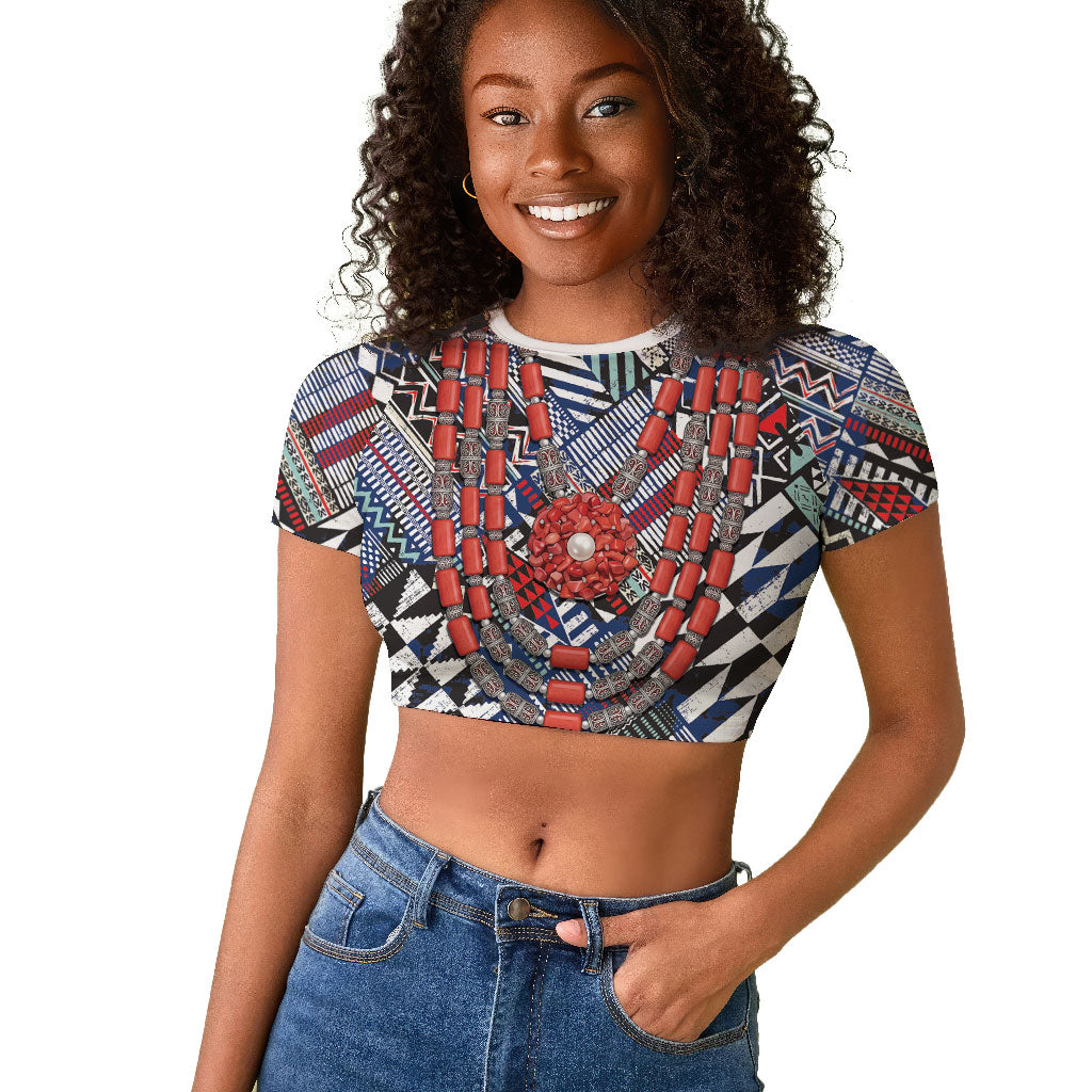 Nigeria Traditional Coral Bead Attire Raglan Cropped T shirt Tribal African Style