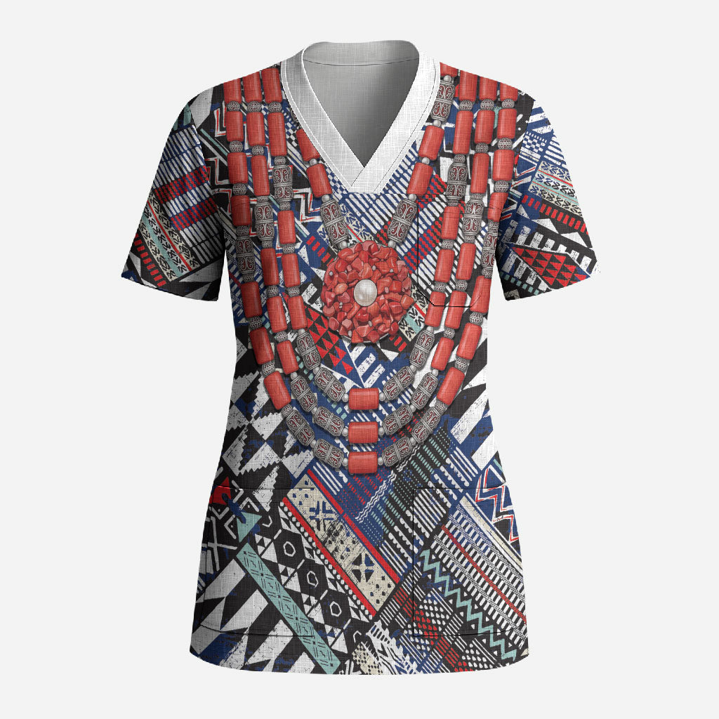 Nigeria Traditional Coral Bead Attire Scrub Top Tribal African Style