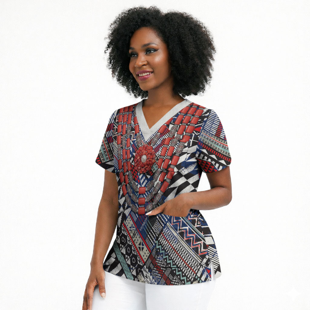 Nigeria Traditional Coral Bead Attire Scrub Top Tribal African Style