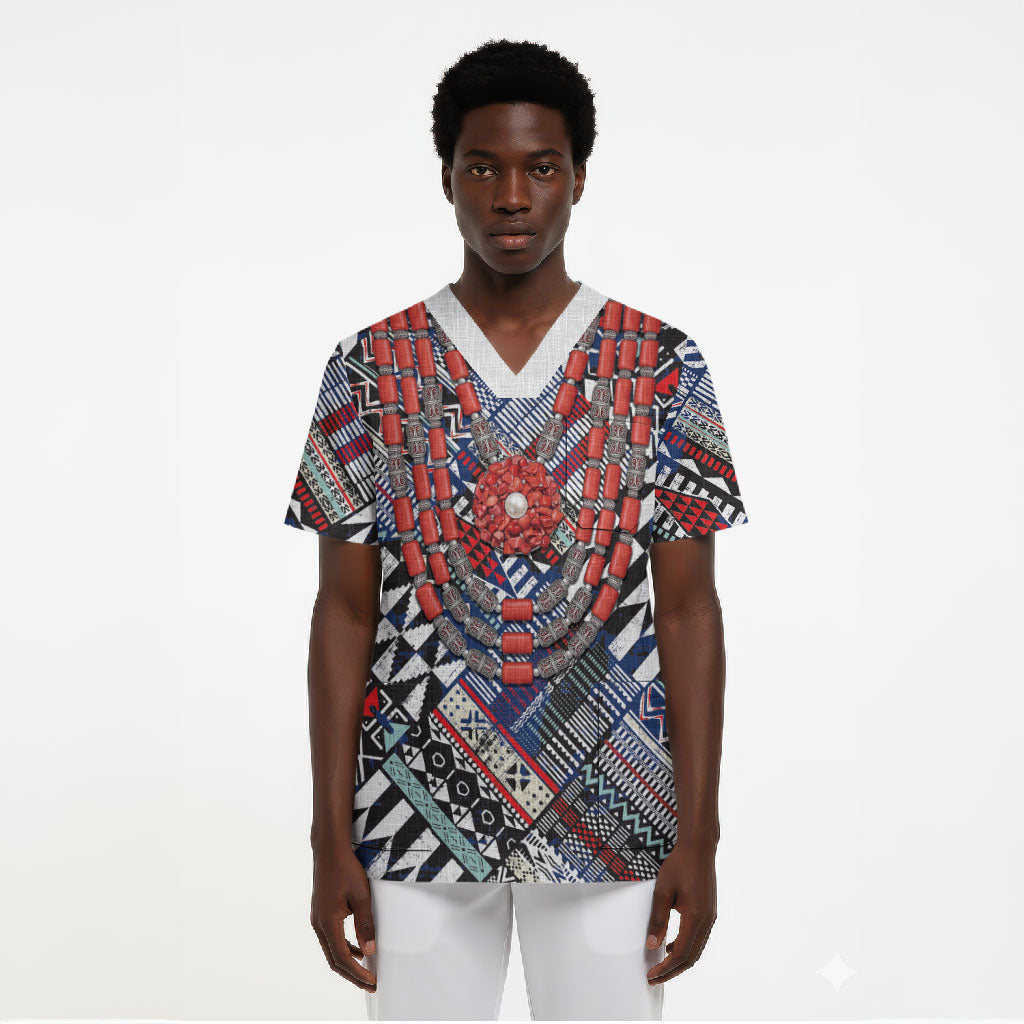Nigeria Traditional Coral Bead Attire Scrub Top Tribal African Style