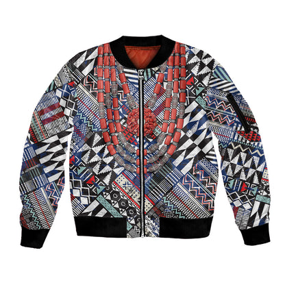Nigeria Traditional Coral Bead Attire Sleeve Zip Bomber Jacket Tribal African Style