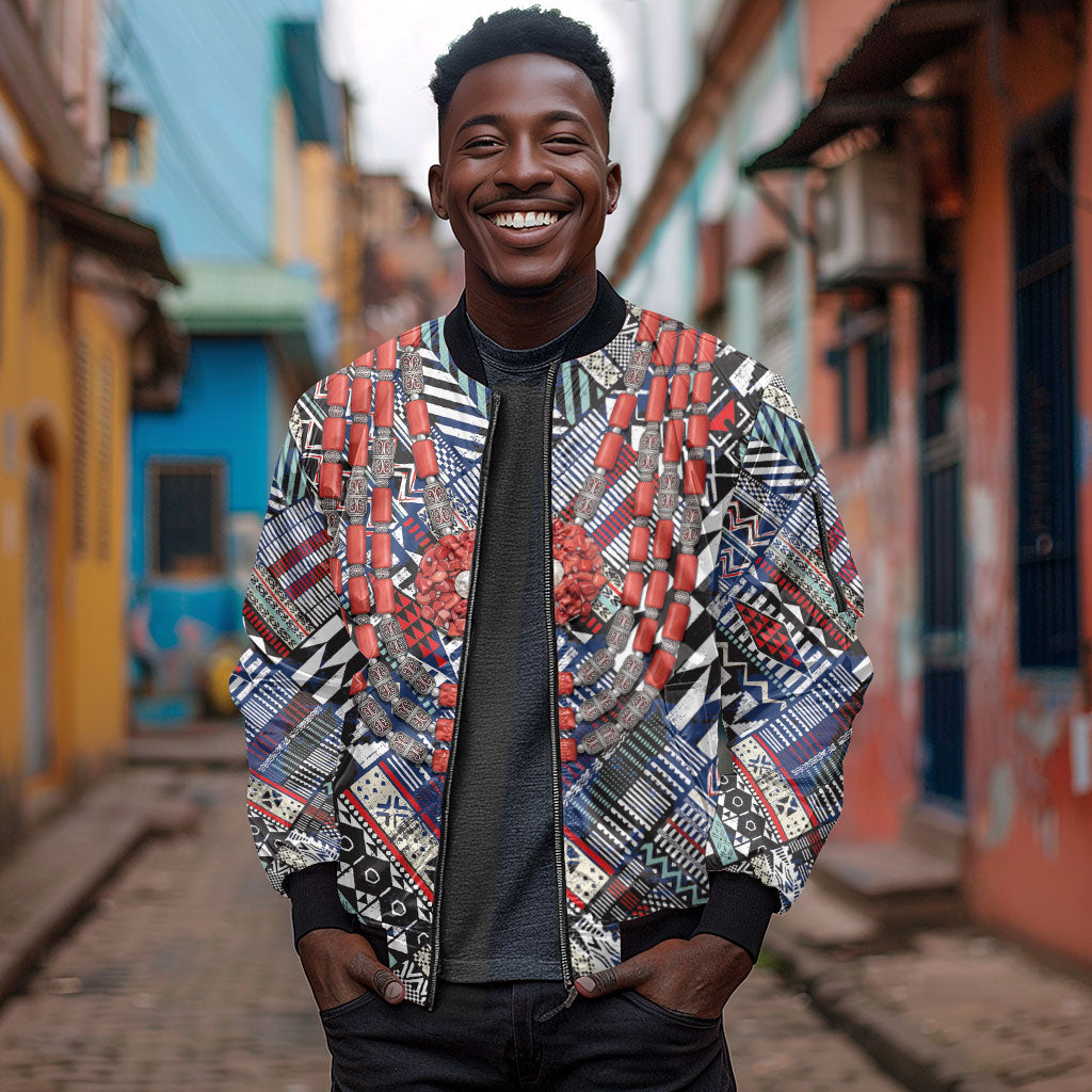Nigeria Traditional Coral Bead Attire Sleeve Zip Bomber Jacket Tribal African Style