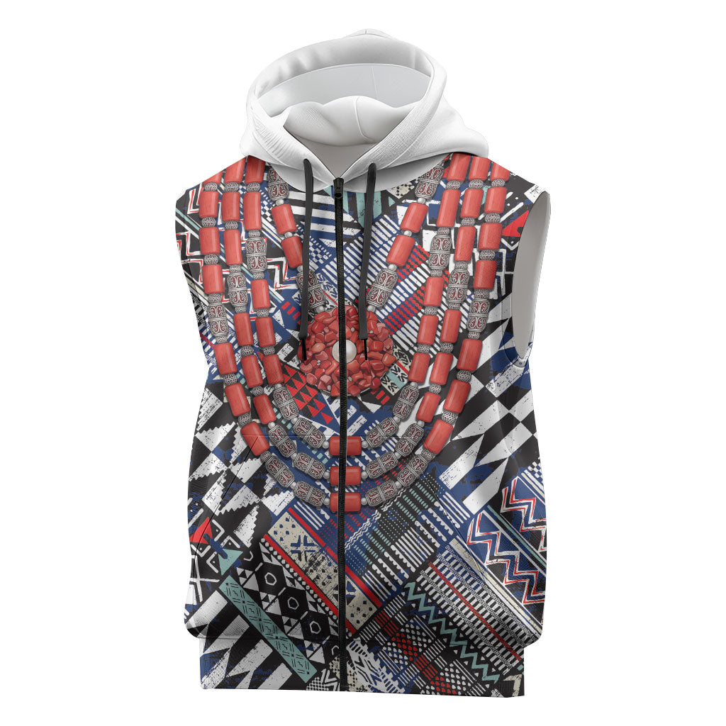 Nigeria Traditional Coral Bead Attire Sleeveless Zip Hoodie Tribal African Style