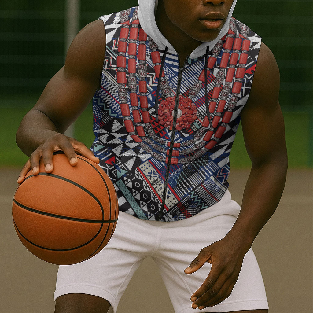 Nigeria Traditional Coral Bead Attire Sleeveless Zip Hoodie Tribal African Style