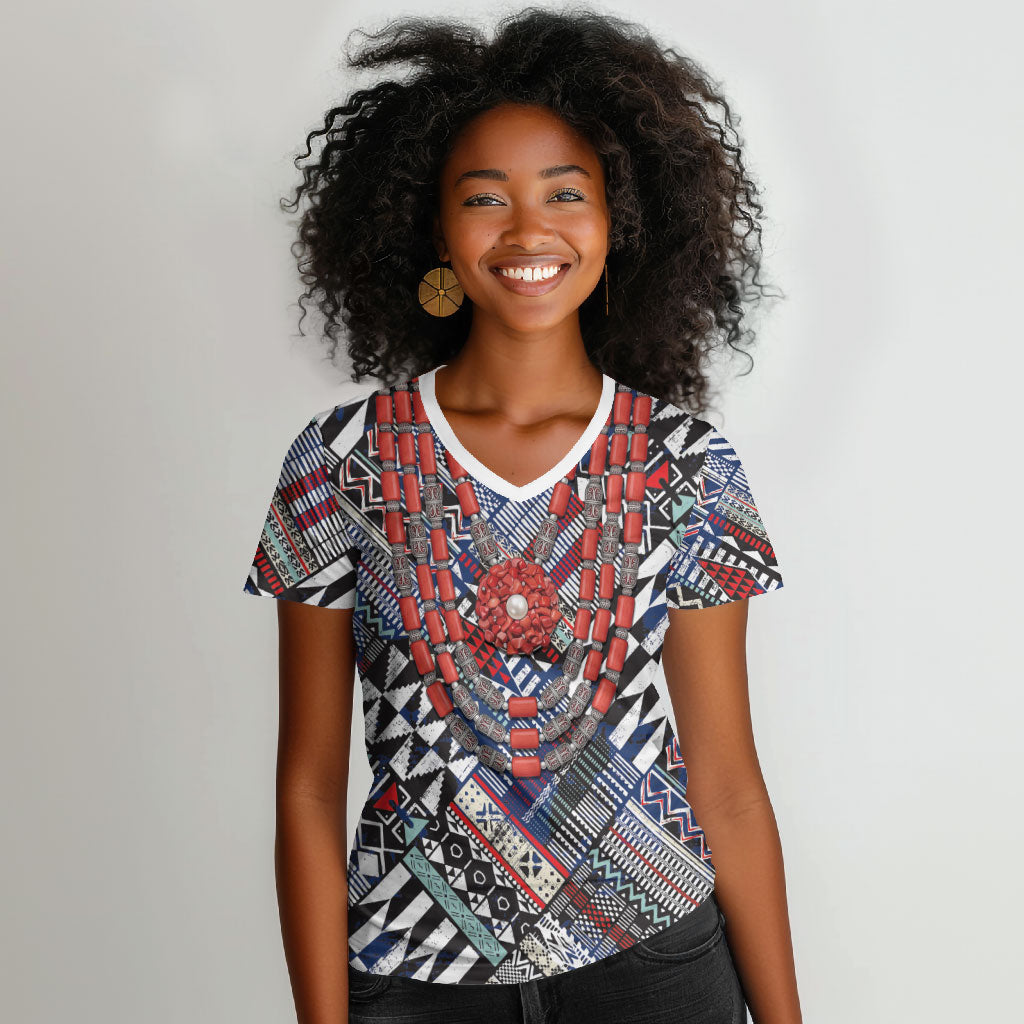 Nigeria Traditional Coral Bead Attire Women V-Neck T-Shirt Tribal African Style
