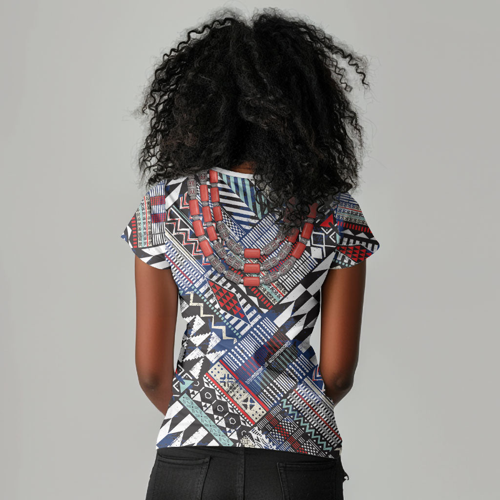 Nigeria Traditional Coral Bead Attire Women V-Neck T-Shirt Tribal African Style