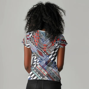 Nigeria Traditional Coral Bead Attire Women V-Neck T-Shirt Tribal African Style