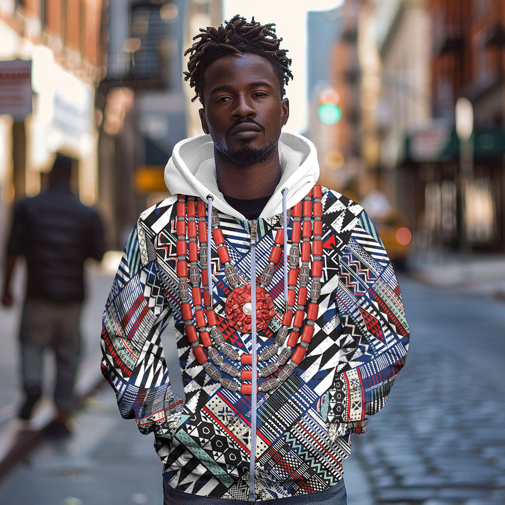 Nigeria Traditional Coral Bead Attire Zip Hoodie Tribal African Style
