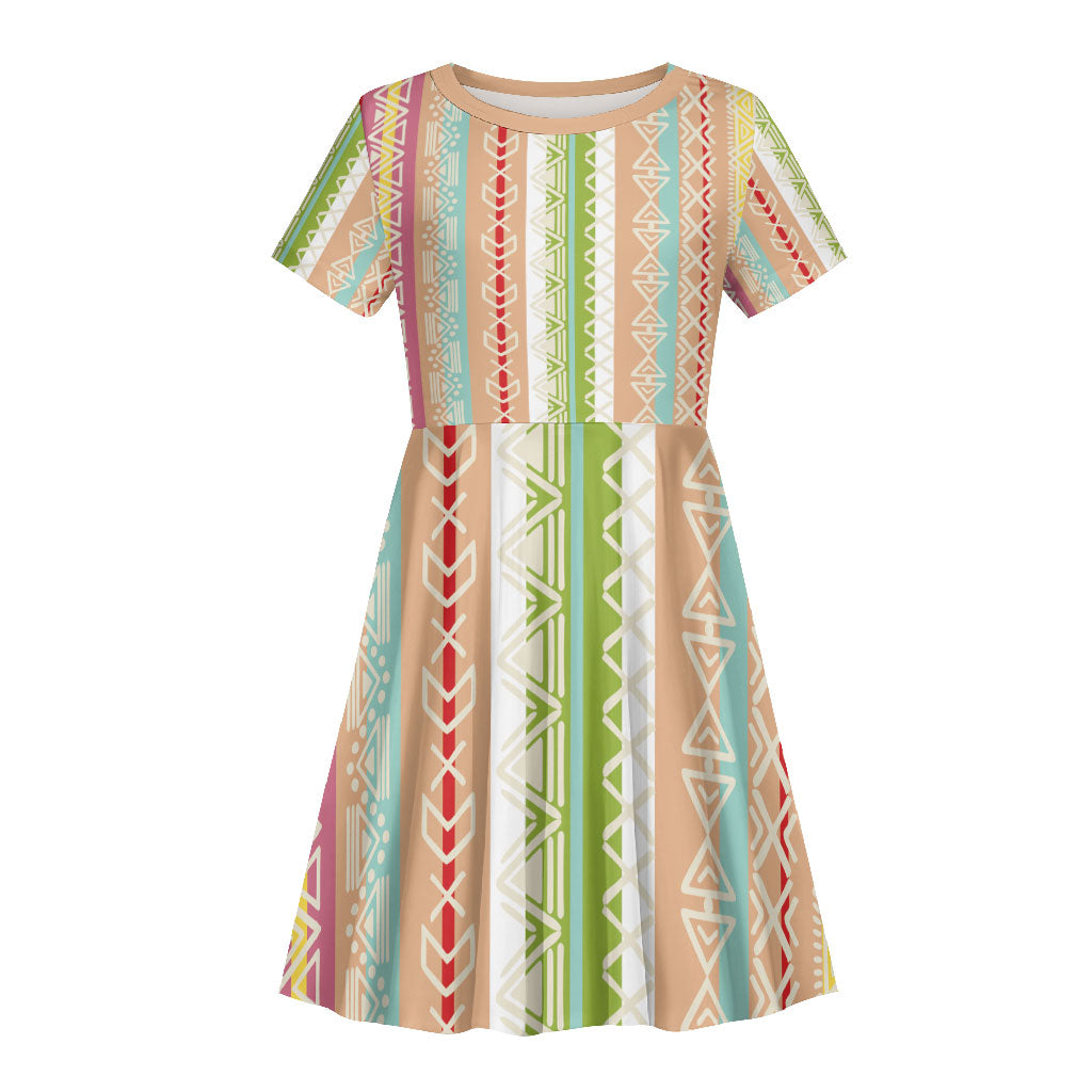 Nigerian Aso Oke African Ethnic Stripes Kid Short Sleeve Dress
