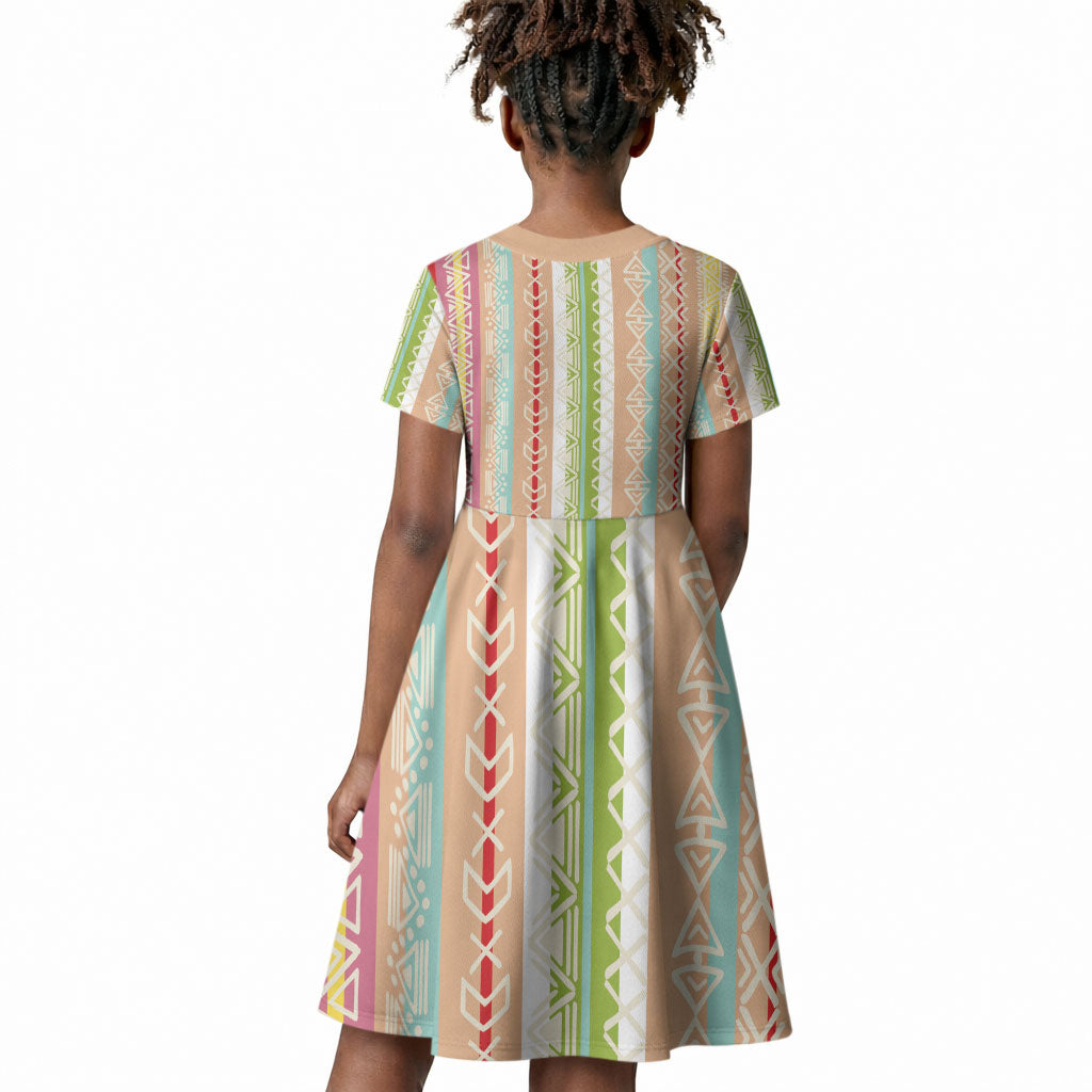 Nigerian Aso Oke African Ethnic Stripes Kid Short Sleeve Dress