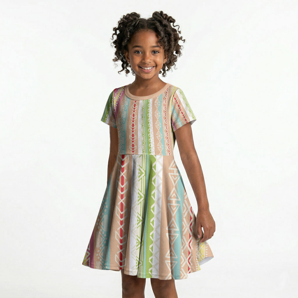Nigerian Aso Oke African Ethnic Stripes Kid Short Sleeve Dress