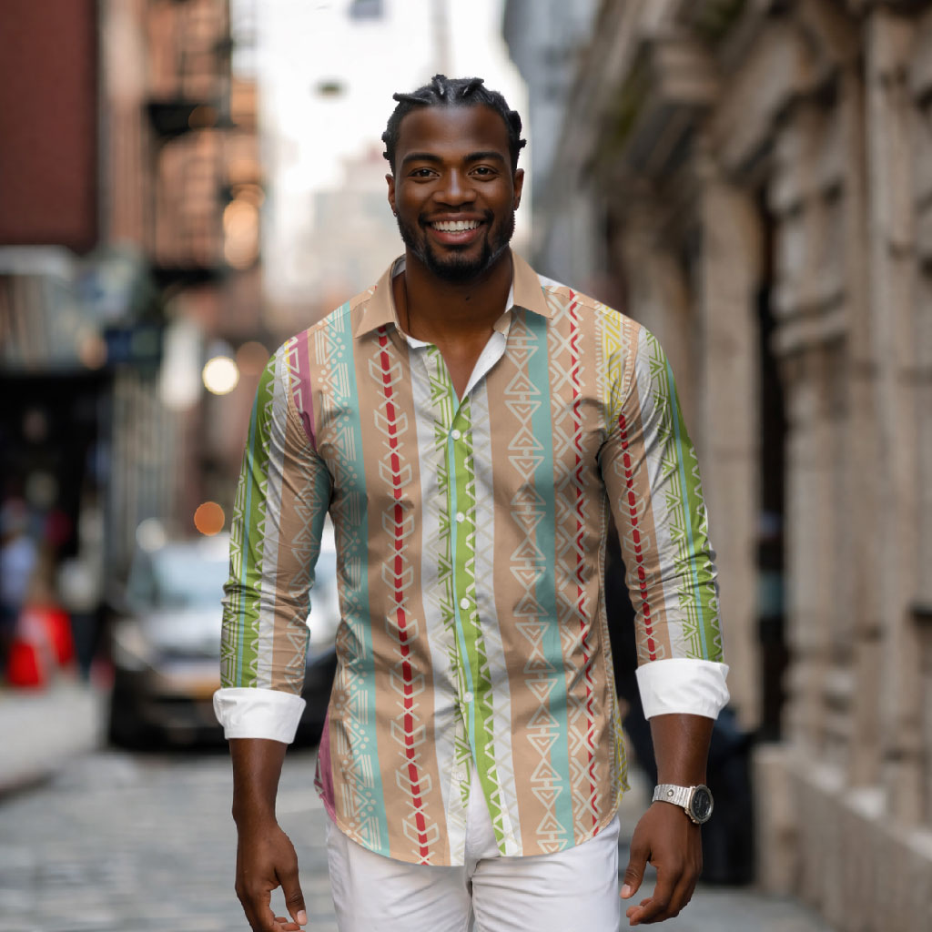 Nigerian Aso Oke African Ethnic Stripes Long Sleeve Button Shirt