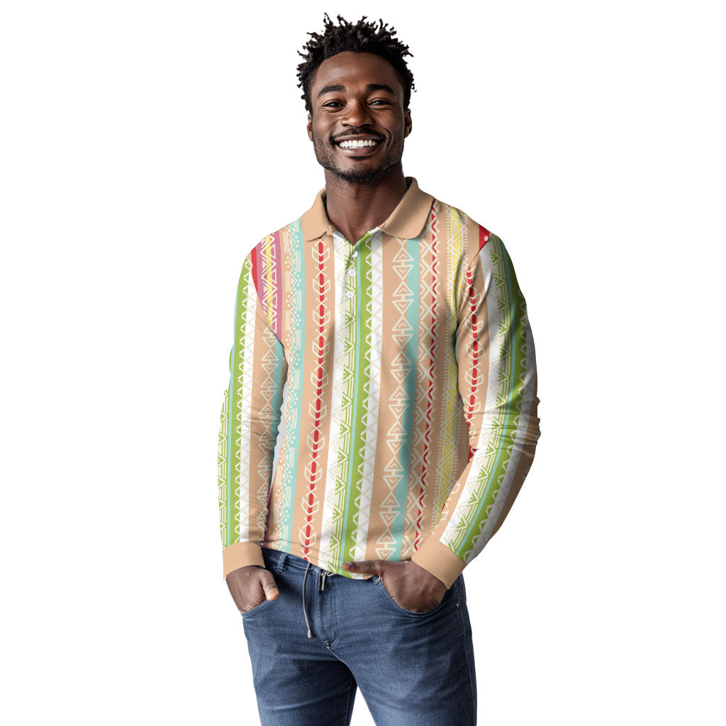 Nigerian Aso Oke African Ethnic Stripes Long Sleeve Polo Shirt