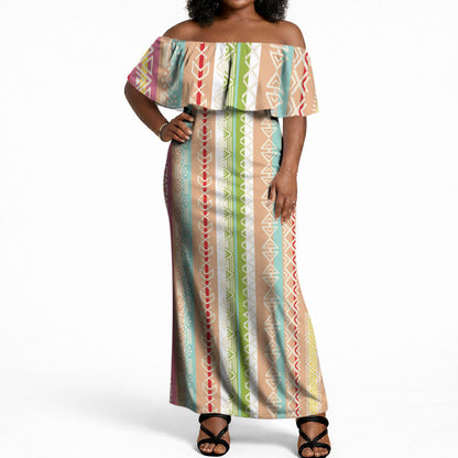 Nigerian Aso Oke African Ethnic Stripes Off Shoulder Maxi Dress