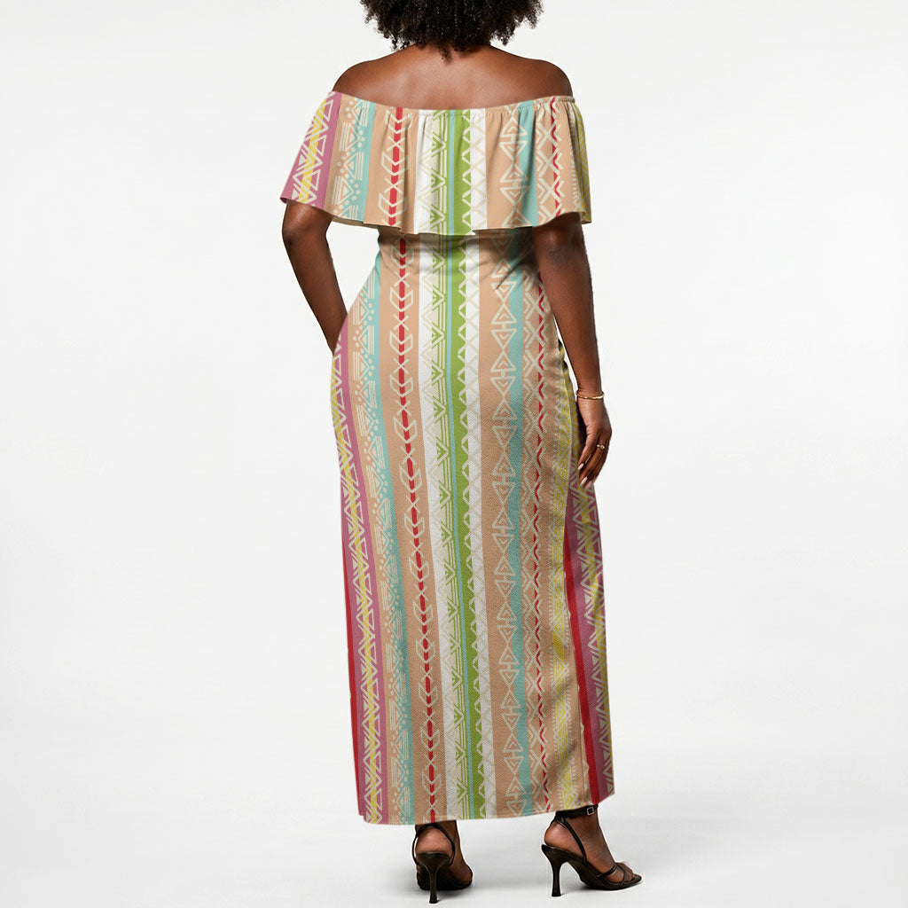Nigerian Aso Oke African Ethnic Stripes Off Shoulder Maxi Dress