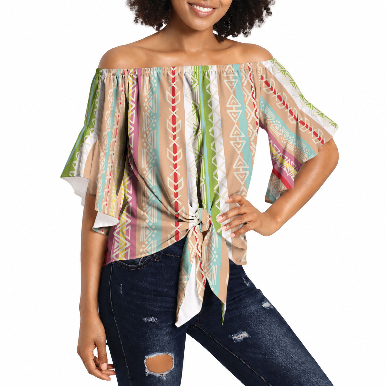 Nigerian Aso Oke African Ethnic Stripes Off Shoulder Wrap Waist Top