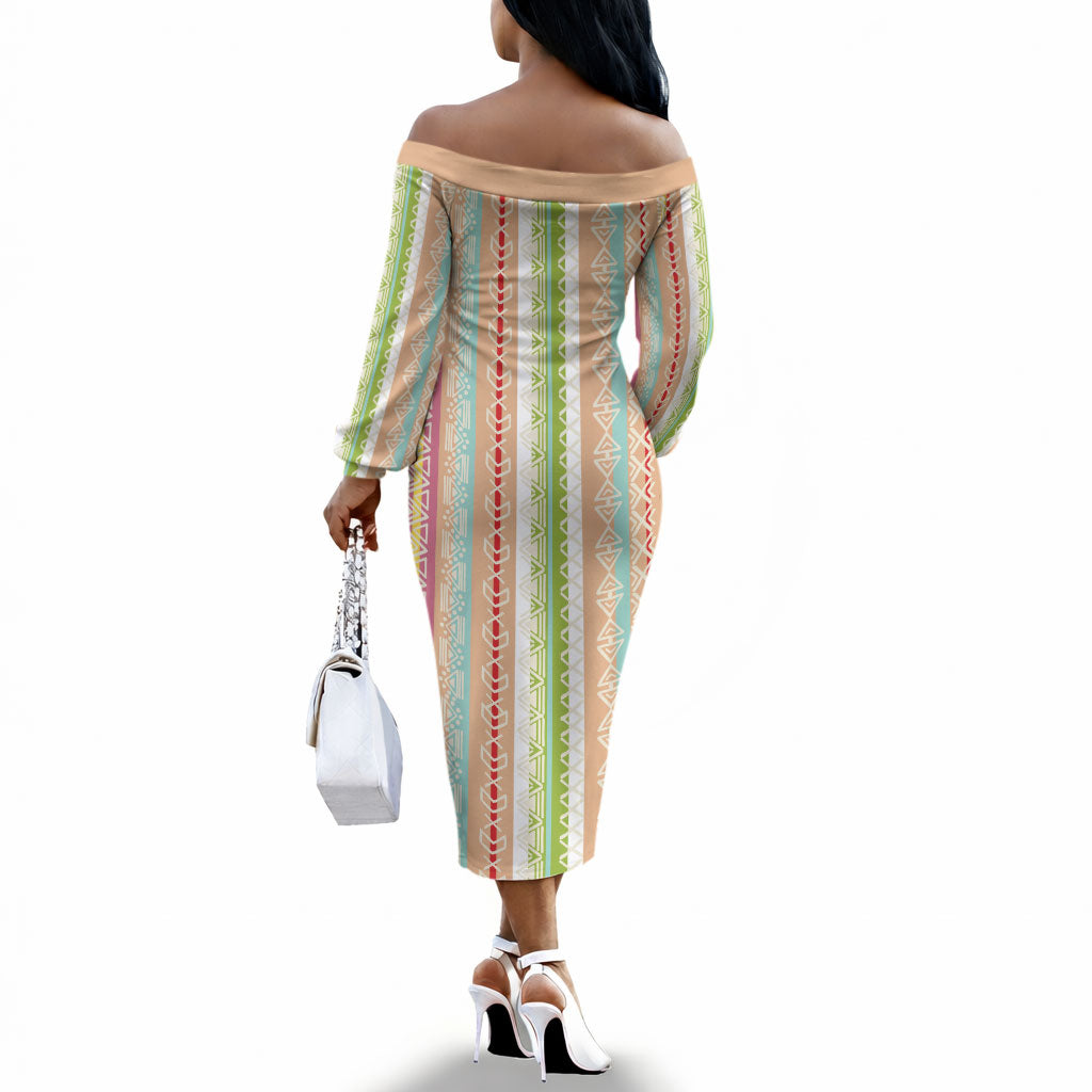 Nigerian Aso Oke African Ethnic Stripes Off The Shoulder Long Sleeve Dress