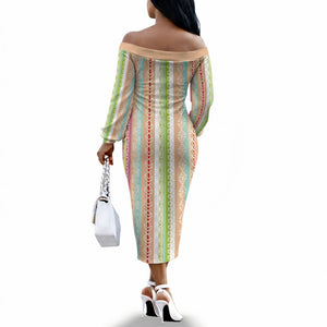 Nigerian Aso Oke African Ethnic Stripes Off The Shoulder Long Sleeve Dress