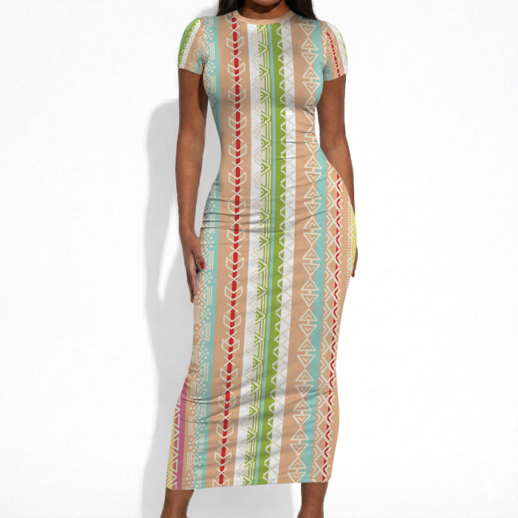 Nigerian Aso Oke African Ethnic Stripes Short Sleeve Bodycon Dress