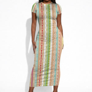 Nigerian Aso Oke African Ethnic Stripes Short Sleeve Bodycon Dress