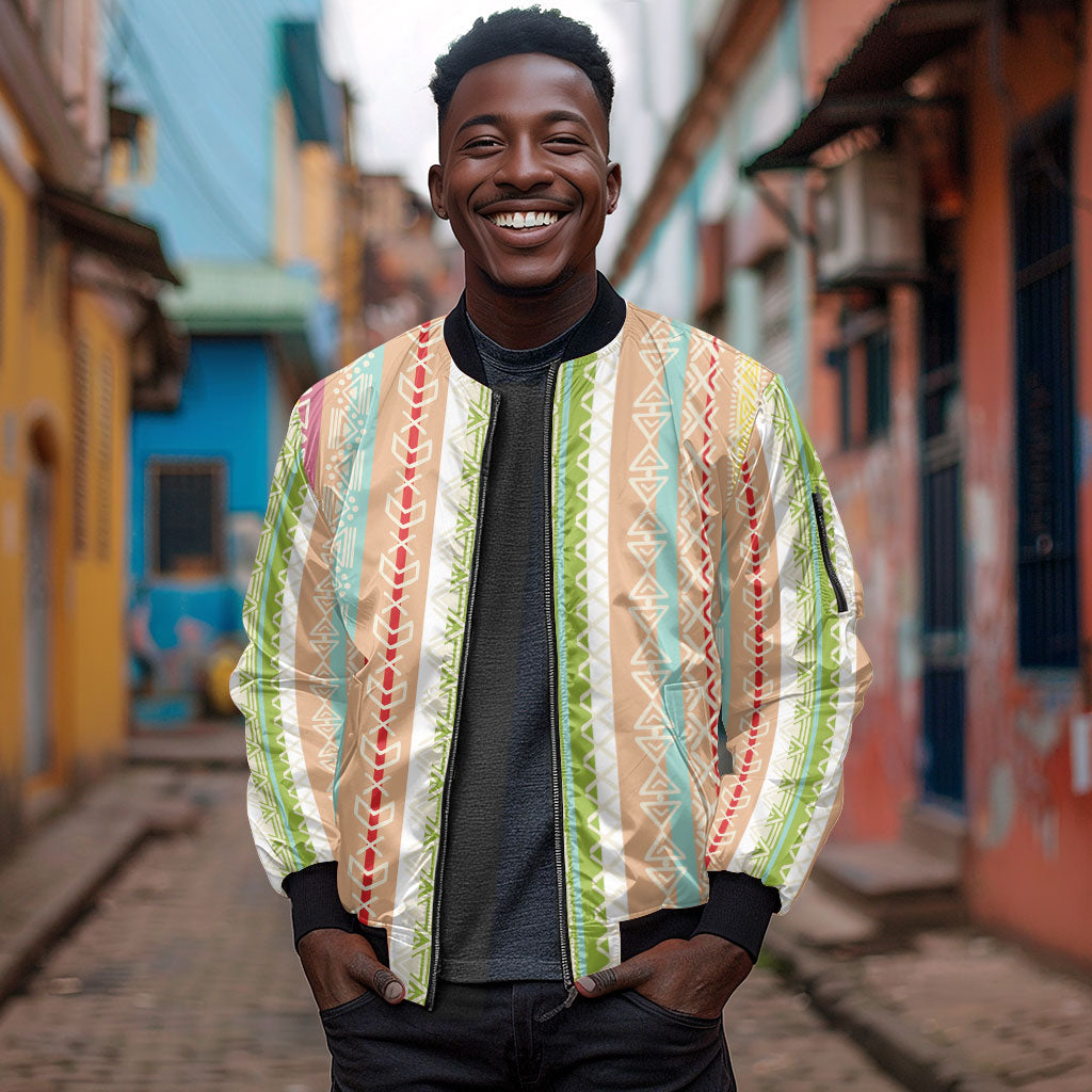 Nigerian Aso Oke African Ethnic Stripes Sleeve Zip Bomber Jacket
