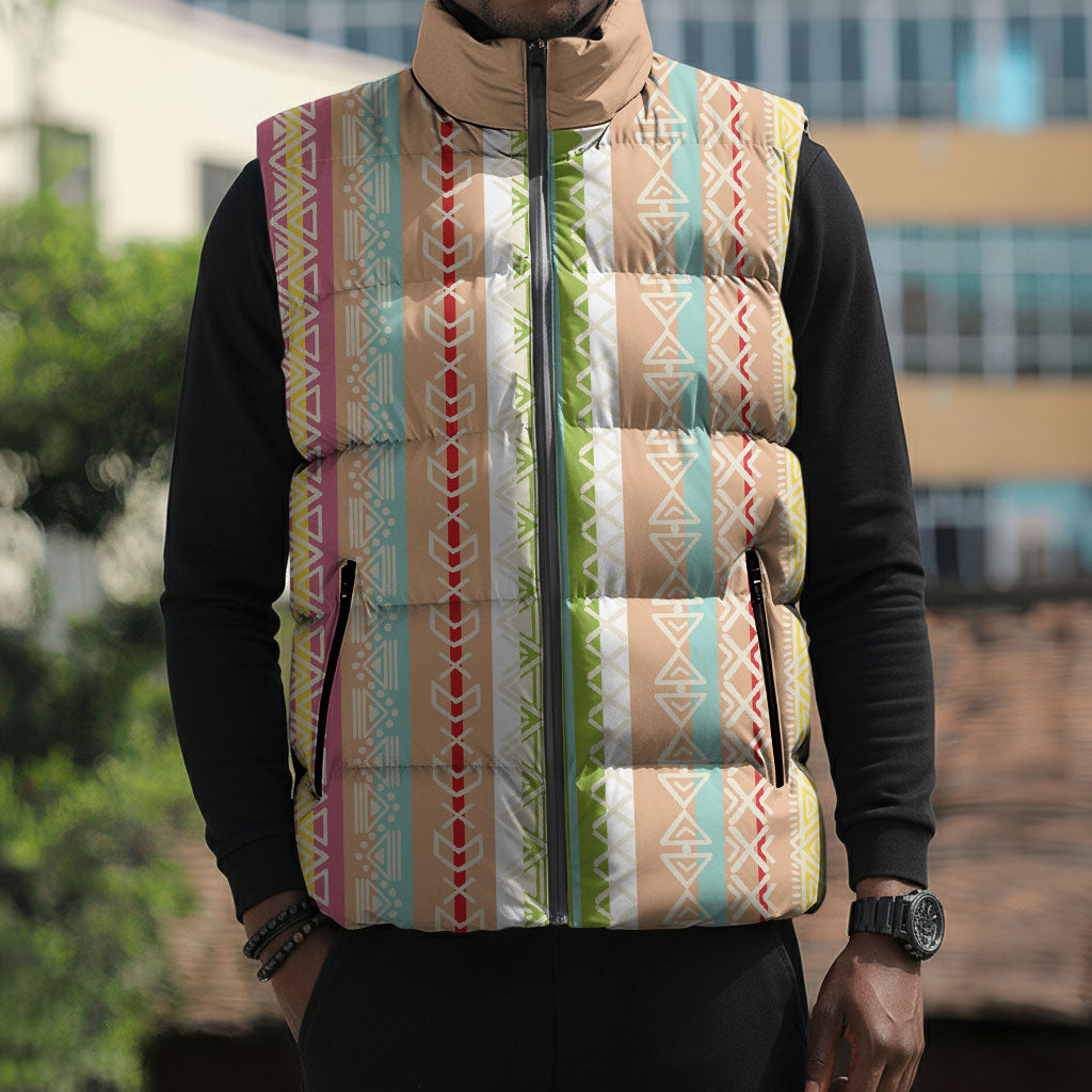 Nigerian Aso Oke African Ethnic Stripes Sleeveless Puffer Jacket