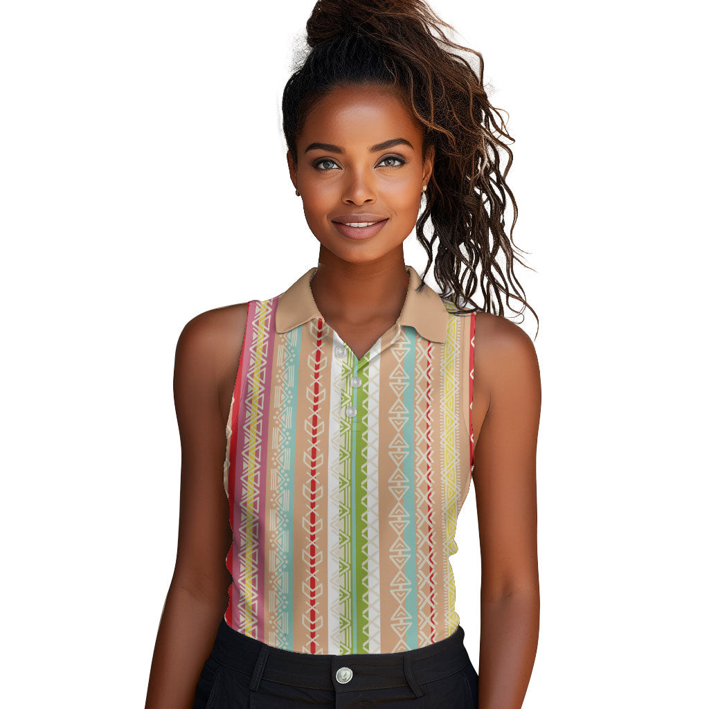 Nigerian Aso Oke African Ethnic Stripes Women Sleeveless Polo Shirt