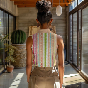 Nigerian Aso Oke African Ethnic Stripes Women Sleeveless Polo Shirt