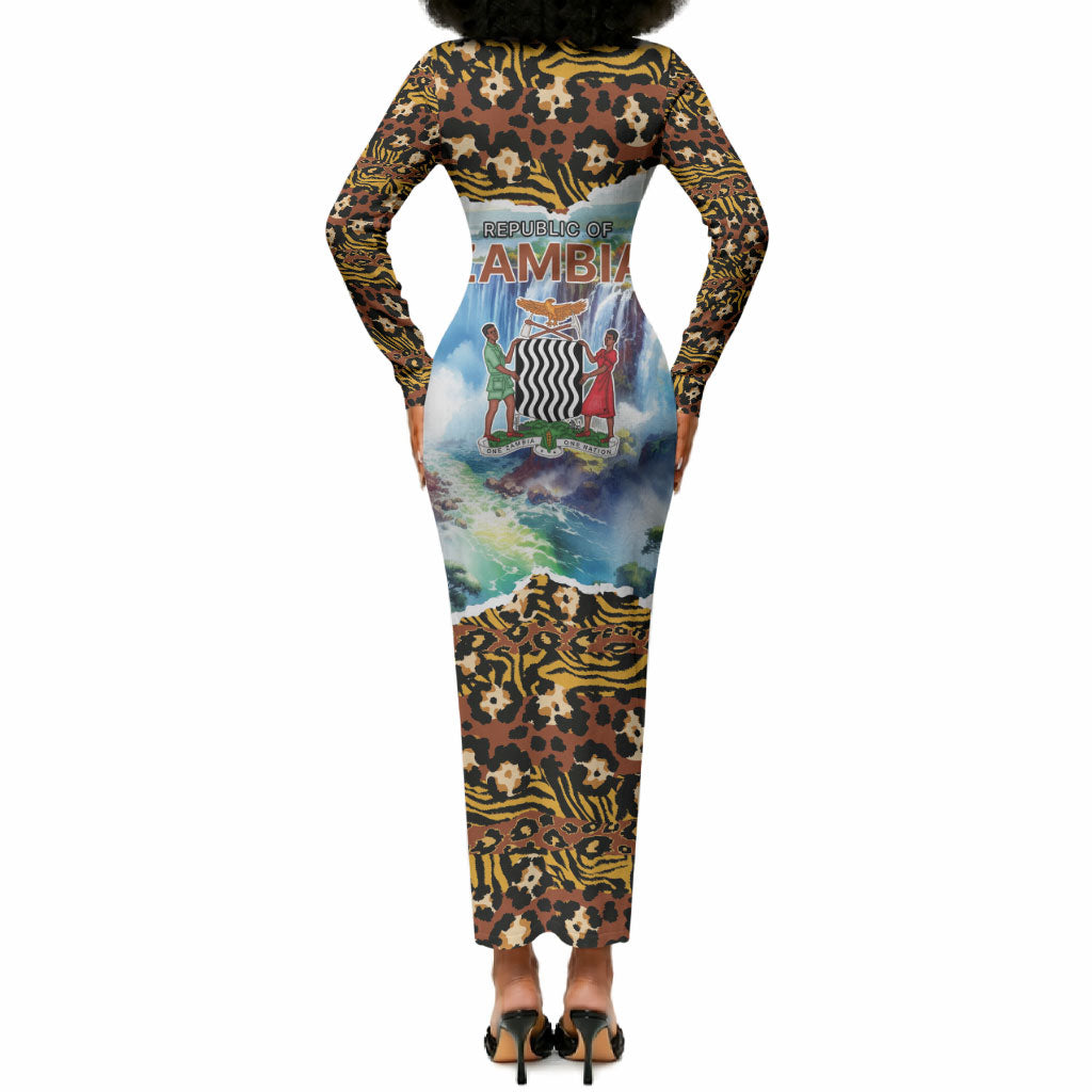 Zambian Heritage Independence 1964 Long Sleeve Bodycon Dress Traditional African Seamless Pattern