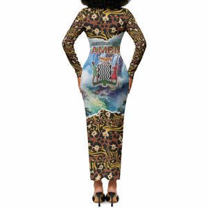 Zambian Heritage Independence 1964 Long Sleeve Bodycon Dress Traditional African Seamless Pattern