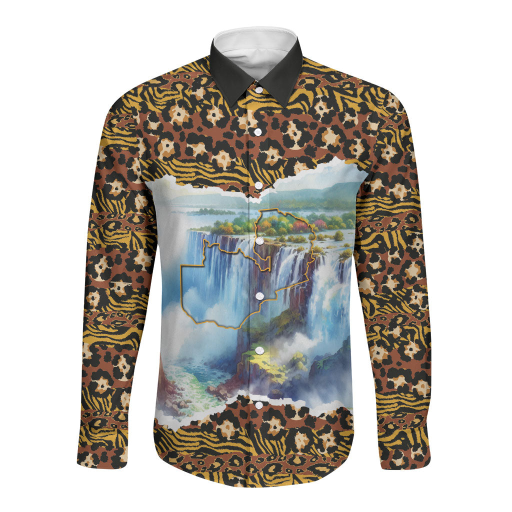 Zambian Heritage Independence 1964 Long Sleeve Button Shirt Traditional African Seamless Pattern