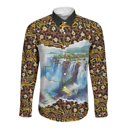 Zambian Heritage Independence 1964 Long Sleeve Button Shirt Traditional African Seamless Pattern