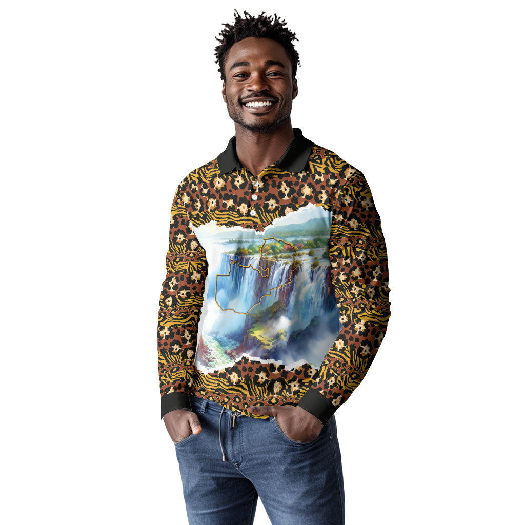 Zambian Heritage Independence 1964 Long Sleeve Polo Shirt Traditional African Seamless Pattern
