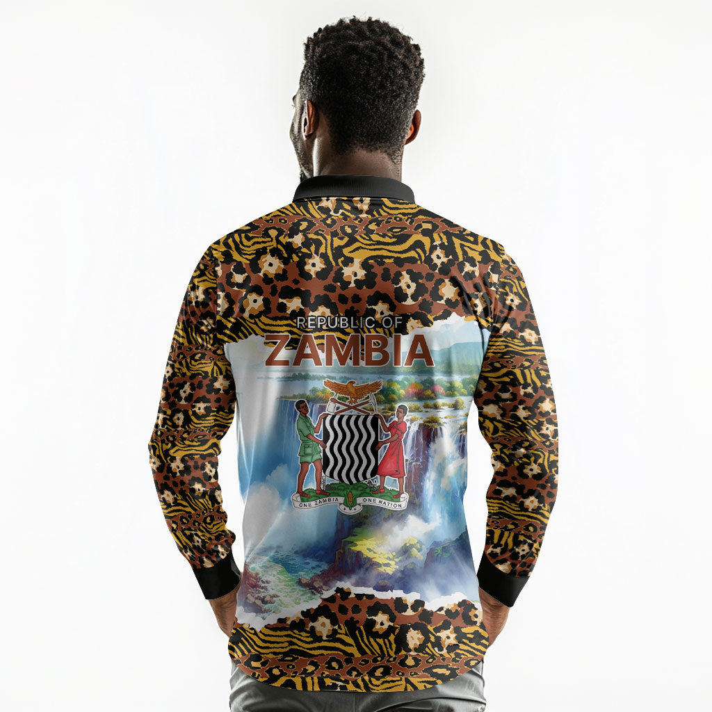 Zambian Heritage Independence 1964 Long Sleeve Polo Shirt Traditional African Seamless Pattern