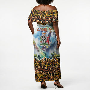 Zambian Heritage Independence 1964 Off Shoulder Maxi Dress Traditional African Seamless Pattern